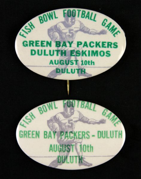 1951 Fish Bowl Game Green Bay Packers vs. Duluth Eskimos August 10th 2 ¾” Oval Celluloid Pinback Button (Provenance from the Paul Muchinsky Collection) “Set of 2 w/ Variation”