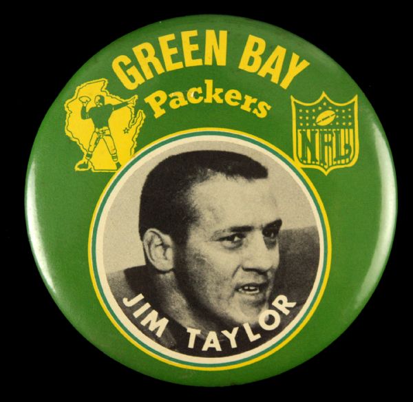 1965-67 circa EXTREMELY RARE Asco Jim Taylor Green Bay Packers 3 ½” Celluloid Player Photo Pinback Button (Provenance from the Paul Muchinsky Collection)