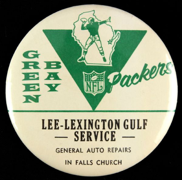 1960s Green Bay Packers Lee-Lexington Gulf Service 3 ¾” Celluloid Pinback Button (Paul Muchinsky Collection) “Only Known Example”