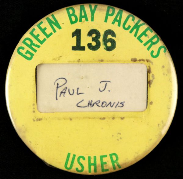 1950-60s circa Rare Employee Green Bay Packers (136) Usher 3 ¼” Celluloid Window Pinback Button (Paul Muchinsky Collection)