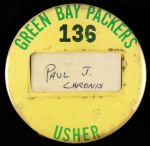 1950-60s circa Rare Employee Green Bay Packers (136) Usher 3 ¼” Celluloid Window Pinback Button (Paul Muchinsky Collection)