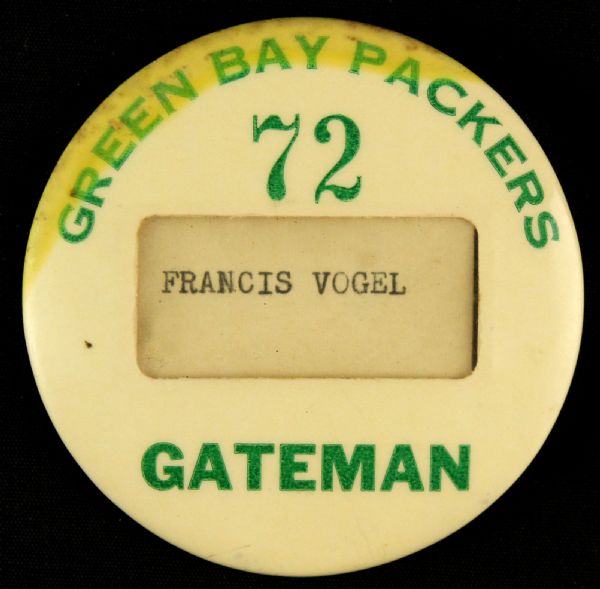 1950-60s circa Rare Employee Green Bay Packers (72) Gateman 3” Celluloid Window Pinback Button (Paul Muchinsky Collection)