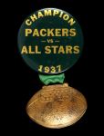 1937 Marquee Lettered Champion Green Bay Packers vs. College All Stars 1 ¾” Celluloid Pinback Button W/ Pressed Metal Relief Football Hanger (Paul Muchinsky Collection) 