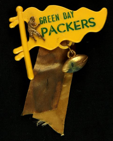 1950s Green Bay Packers 2"x3” Plastic Pennant Pinback W/ Dual Ribbon & Football Charm (Paul Muchinsky Collection)