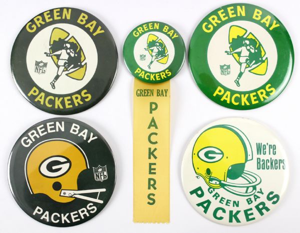 1960s Jumbo 6” Green Bay Packers Celluloid Pinback Button Collection (4) Plus 4” Variation with Printed Ribbon (Collection of Paul Munchinsky)