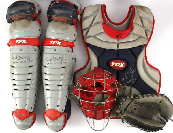 2011 Carlos Santana Cleveland Indians Signed Game Used Catchers Equipment - Lot of 5 w/ Glove, Shin Guards, Chest Protector & Mask (MEARS LOA/JSA)