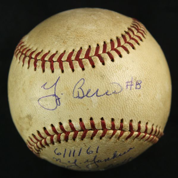 1961 (June 11) Yogi Berra New York Yankees Signed OAL Cronin Yankee Stadium Game Used Baseball (MEARS LOA/JSA) Berra Hits 2 HR