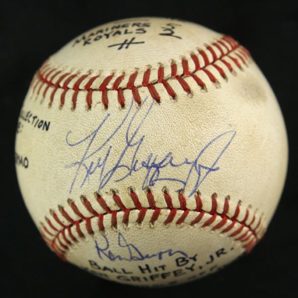 1990 (August 31) Ken Griffey Jr. Ken Griffey Sr. Signed OAL Brown Game Used Baseball (MEARS LOA/JSA) Griffey Jr. Single from 1st Father/Son Game 