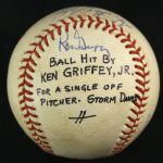 1990 (August 31) Ken Griffey Jr. Ken Griffey Sr. Signed OAL Brown Game Used Baseball (MEARS LOA/JSA) Griffey Jr. Single from 1st Father/Son Game 