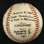 1990 (August 31) Ken Griffey Jr. Ken Griffey Sr. Signed OAL Brown Game Used Baseball (MEARS LOA/JSA) Griffey Jr. Single from 1st Father/Son Game 