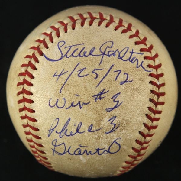 1972 (April 25) Steve Carlton Philadelphia Phillies Single Signed ONL Feeney Candlestick Park Game Used Baseball (MEARS LOA/JSA)