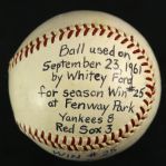 1961 (September 23) Whitey Ford New York Yankees Single Signed OAL Cronin Fenway Park Game Used Baseball (MEARS LOA/JSA) 25th & Final Victory of Cy Young Season