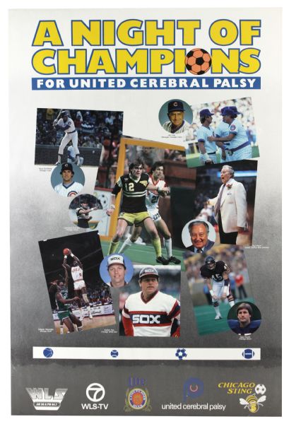 1985 “A Night of Champions For United Cerebral Palsy” 24”x36” Promotional Poster Featuring Ryne Sandberg Orlando Woolridge Carlton Fisk, Gary Fencik