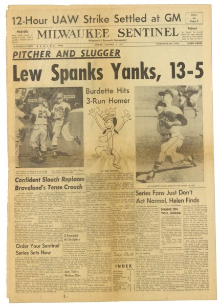 1958 (October 3) Lew Burdette Milwaukee Braves Milwaukee Sentinel Front Page w/ "Lew Spanks Yanks, 13-5" Headline