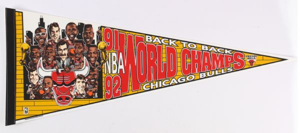 1991-92 Chicago Bulls Back to Back World Champs 29" Full Size Caricature Pennant w/ Michael Jordan, Phil Jackson & More - Lot of 11