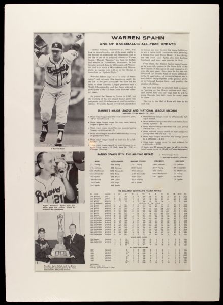 1964 Warren Spahn Milwaukee Braves "One of Baseballs All Time Greats" 14" x 20" Matted Display 