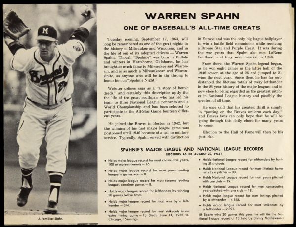 1964 Warren Spahn Milwaukee Braves "One of Baseballs All Time Greats" 10.5" x 16" Sheet