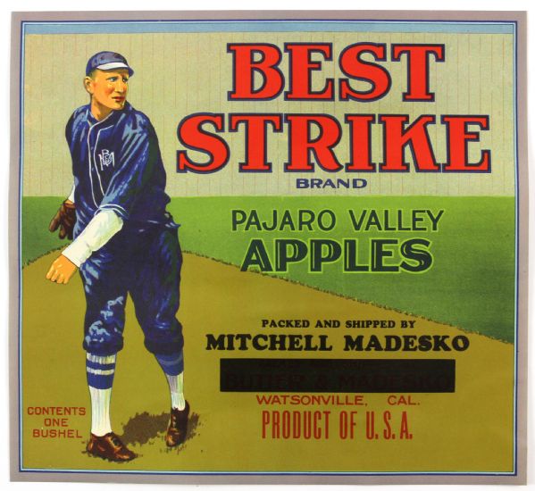1920s Walter Johnson (inspired) Washington Senators Best Strike Pajaro Valley Apples Fruit Crate Label  (9x11)
