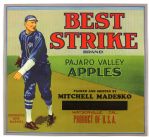 1920s Walter Johnson (inspired) Washington Senators Best Strike Pajaro Valley Apples Fruit Crate Label  (9x11)
