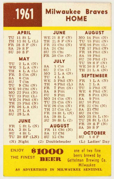 1961 Milwaukee Braves Pocket Schedule
