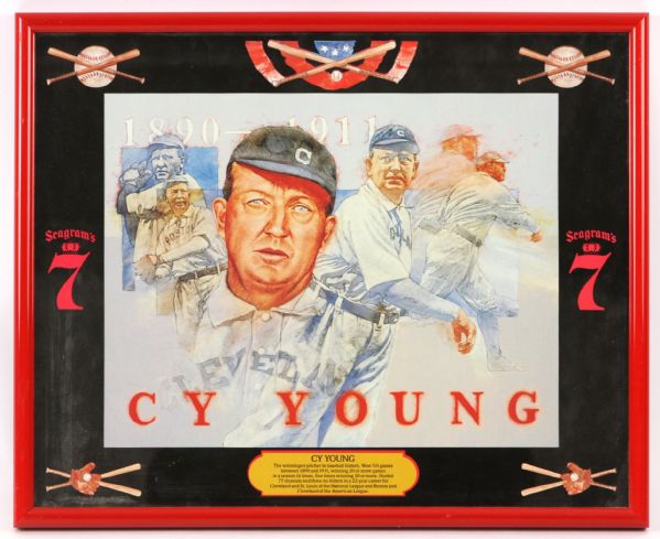 1990s Cy Young Seagram’s 7 Baseball Mirror 17x21 W/ Original Red Factory Frame