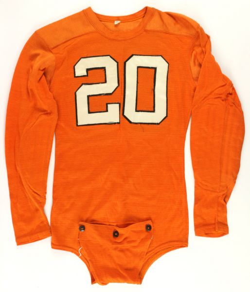 1940s circa #20 Orange Dureen Game Worn OShea Football Jersey w/ 6 Button Crotch Strap (MEARS LOA)