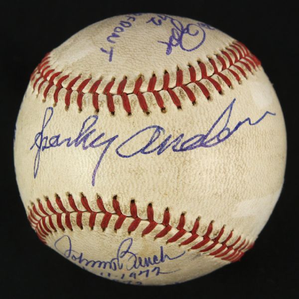1972 (October 11) Sparky Anderson Pete Rose Johnny Bench Tony Perez George Foster Cincinnati Reds Signed ONL Feeney Riverfront Stadium NLCS Game 5 Used Baseball (MEARS LOA/JSA)