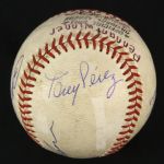1972 (October 11) Sparky Anderson Pete Rose Johnny Bench Tony Perez George Foster Cincinnati Reds Signed ONL Feeney Riverfront Stadium NLCS Game 5 Used Baseball (MEARS LOA/JSA)