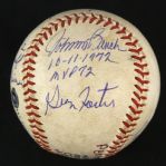 1972 (October 11) Sparky Anderson Pete Rose Johnny Bench Tony Perez George Foster Cincinnati Reds Signed ONL Feeney Riverfront Stadium NLCS Game 5 Used Baseball (MEARS LOA/JSA)