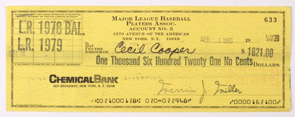 1980 Cecil Cooper Milwaukee Brewers Signed Check (endorsed on reverse) MEARS LOA