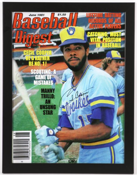 1981 Cecil Cooper Milwaukee Brewers Signed 17"x 22" Framed Baseball Digest Cover Blowup (JSA)