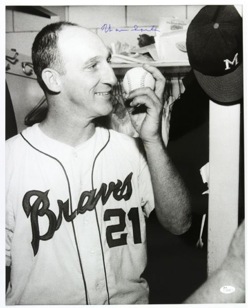 1963-65 Warren Spahn Milwaukee Braves “Kissing the Victory Baseball” Autographed Original 16x20 Hand Developed Photo (JSA) “Signed During His Final Milwaukee Appearance”
