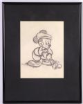 1950s Mickey Mouse Pinocchio Jiminy Cricket Framed Sketch & Animation Cell Collection (From the Collection of Penny Marshall)