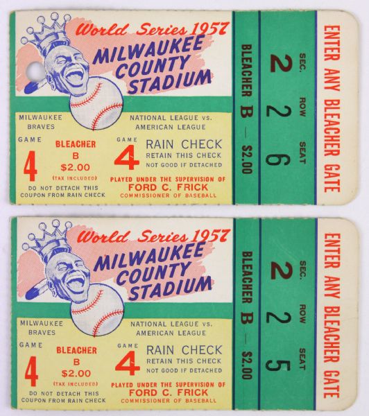 1957 Milwaukee Braves New York Yankees County Stadium World Series Game 4 Ticket Stubs - Lot of 2