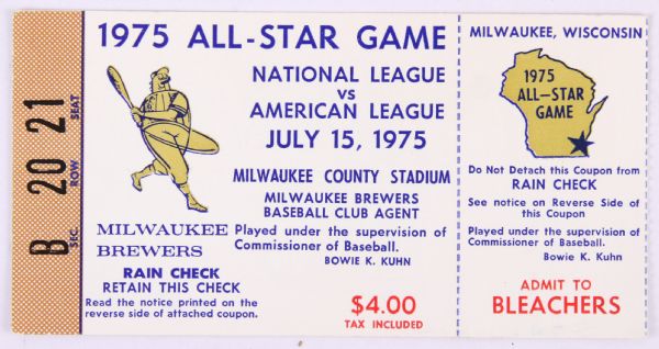 1975 All Star Game Milwaukee County Stadium Ticket Stub