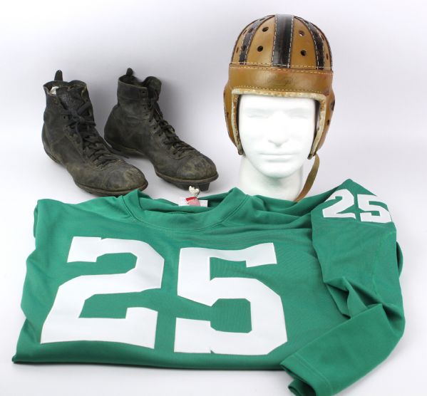 1930s-90s circa Football Memorbilia Collection - Lot of 3 w/ Vintage Helmets, Vintage Boot Cleats & Mitchell Ness Philadelphia Eagles Jersey 