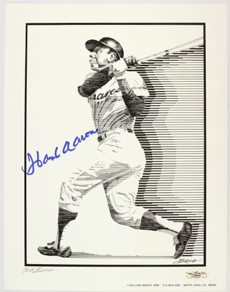 1986 Hank Aaron Atlanta Braves Signed 8x10 Art Sketch B&W Photo *JSA*