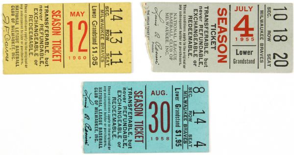 1955-60 Eddie Mathews Milwaukee Braves Homerun Ticket Stub Lot (3)