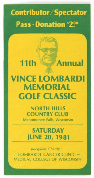 1981 Vince Lombardi Green Bay Packers Spectator Pass 11th Annual Memorial Golf Classic 