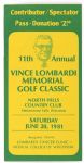 1981 Vince Lombardi Green Bay Packers Spectator Pass 11th Annual Memorial Golf Classic 