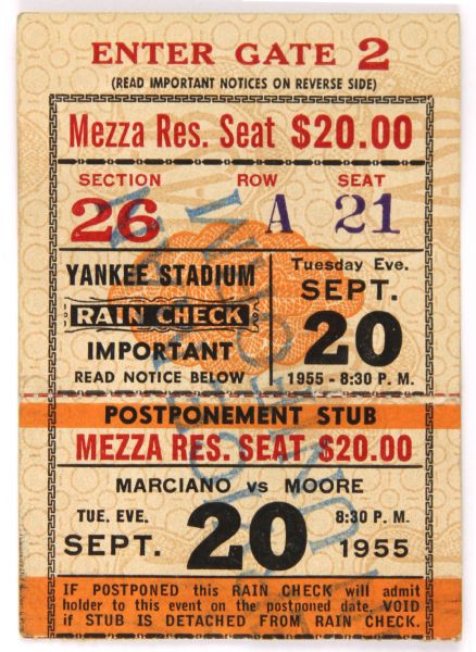 1955 (Sept. 20) Rocky Marciano vs. Archie Moore Heavyweight Championship Boxing Stub at Yankee   Stadium (VG)