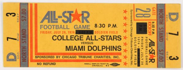 1974 College All-Stars vs. Miami Dolphins Full Unused Ticket “Cancelled Due to NFL Strike” MINT