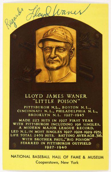 1970s Lloyd Waner Pittsburgh Pirates 3.5x5.5 Gold HOF Plaque Postcard (MEARS Auction/JSA LOA)