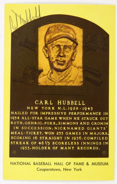 1970s Carl Hubbell New York Giants 3.5x5.5 Gold HOF Plaque Postcard (MEARS Auction/JSA LOA)