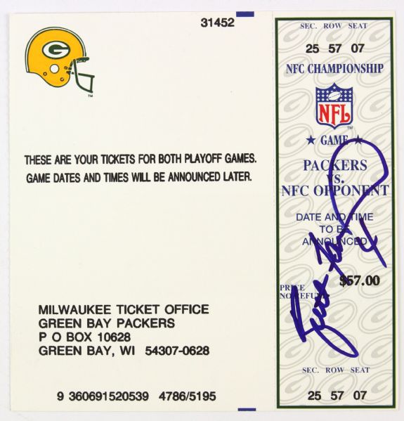 1995-97 Brett Favre Green Bay Packers Signed NFC Championship Full Unused Ticket (MEARS LOA JSA LOA)