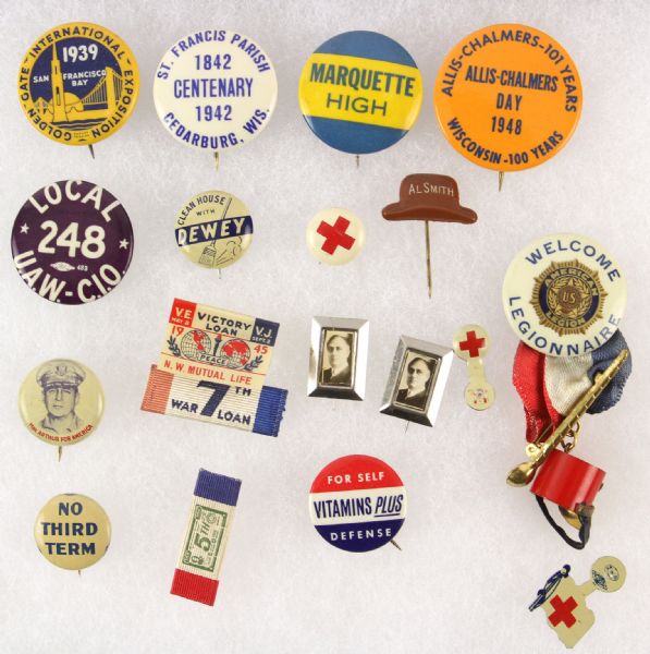 1930s-40s circa Pinback Button Collection - Lot of 18 w/ FDR, MacArthur, Dewey & More 
