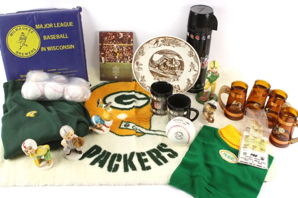 1950s-80s Football & Baseball Memorabilia Collection - Lot of 43 w/ Ceramic Figures, Green Bay Packers & More