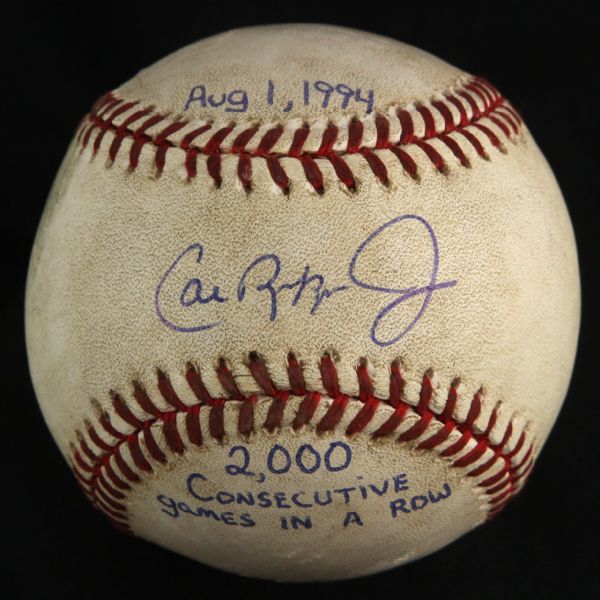 1994 (August 1) Cal Ripken Jr. Baltimore Orioles Single Signed OAL Brown Matrodome Game Used Baseball (MEARS LOA/JSA) 2,000th Consecutive Game Played