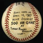 1987 (April 18) Mike Schmidt Philadelphia Phillies Single Signed ONL Feeney Three Rivers Stadium Game Used Ball (MEARS LOA/JSA) 500th Career Home Run Game