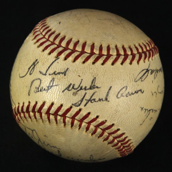 1955-57 Hank Aaron Stan Musial Warren Spahn Eddie Mathews Del Crandall Ken Boyer Braves/Cardinals Signed ONL Giles Game Used Baseball (MEARS LOA/JSA)